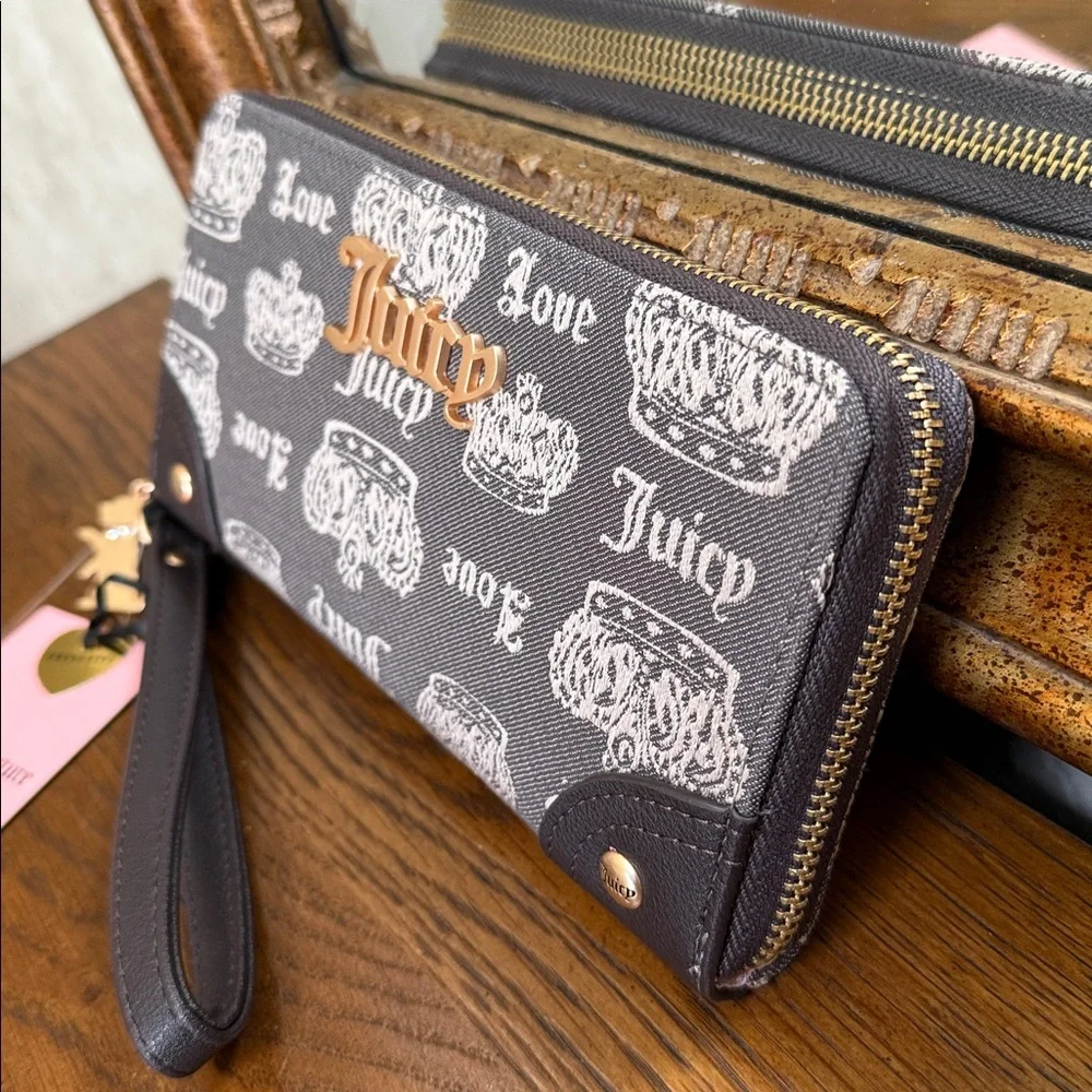 Juicy Couture Love & Crown Logo Wristlet. Zip around. Brown and tan color.